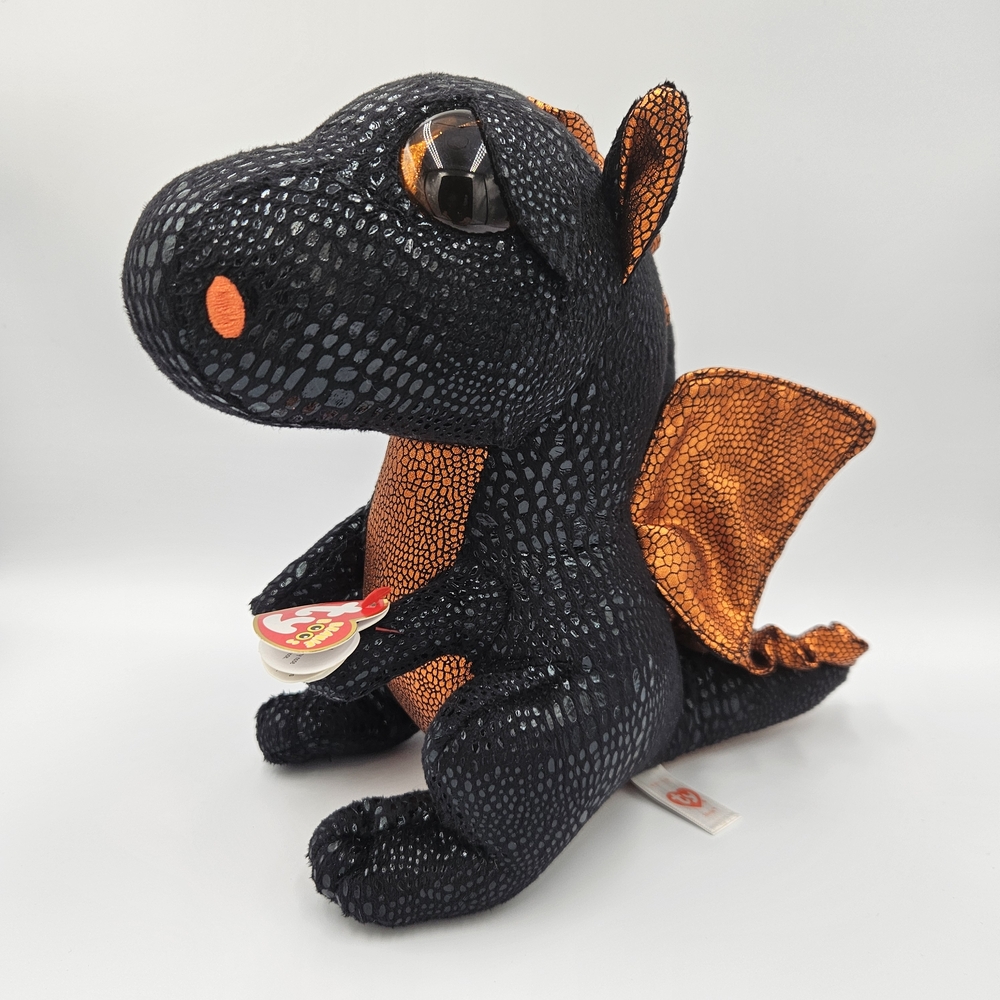 Ty Beanie Boos “Merlin” the Black & Orange Dragon — Medium 9” Plush